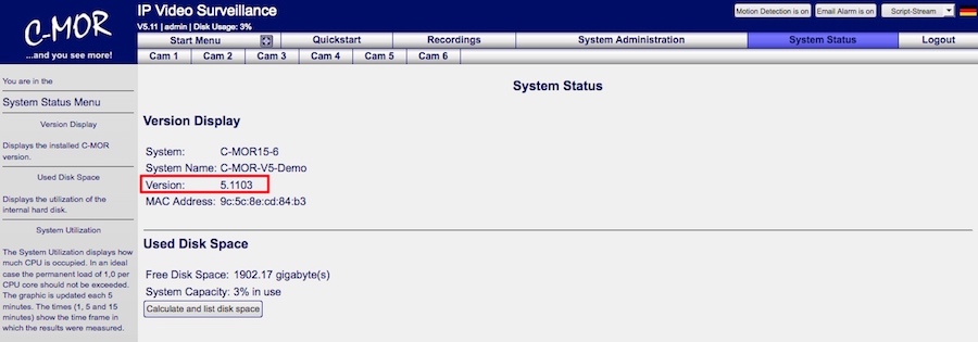 C-MOR Video Surveillance Version Info for License Request.