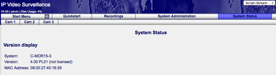 System Status displays installed version of video surveillance NVR software C-MOR.