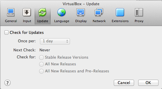 VirtualBox disable check for updates